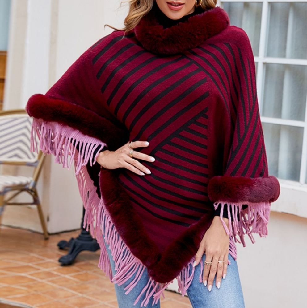 Plush Faux Fur Retro Fringe Stripe Pullover Oversized Warm Knit Poncho Cardigan - Picture 8 of 14